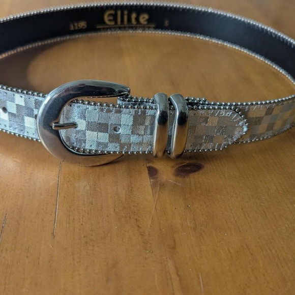 Vintage 90 Elite Fresno, California gray‎ and silver checkered belt - Picture 1 of 6